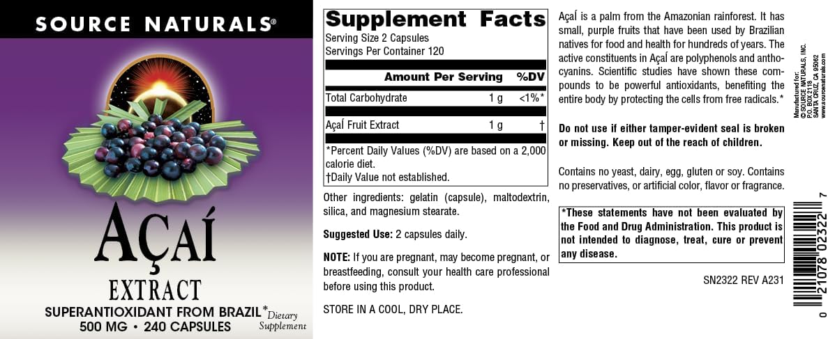 Source Naturals Acai Extract, Superantioxidant from Brazil* – 500 mg – 240 Vegetarian Capsules