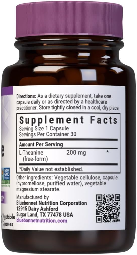 BlueBonnet L-Theanine 200mg Daily Nootropic Promotes Relaxation for Women and Men* - Free Form Amino Acid L Theanine Supplement - Non-GMO, Vegan, Gluten-Free - 30 Vegetable Capsules - görsel 2