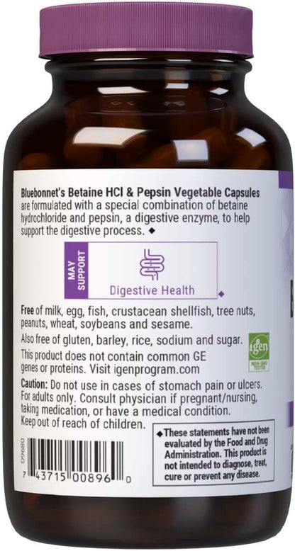 BlueBonnet Betaine HCl Plus Pepsin Vegetarian Capsules, 90 Count