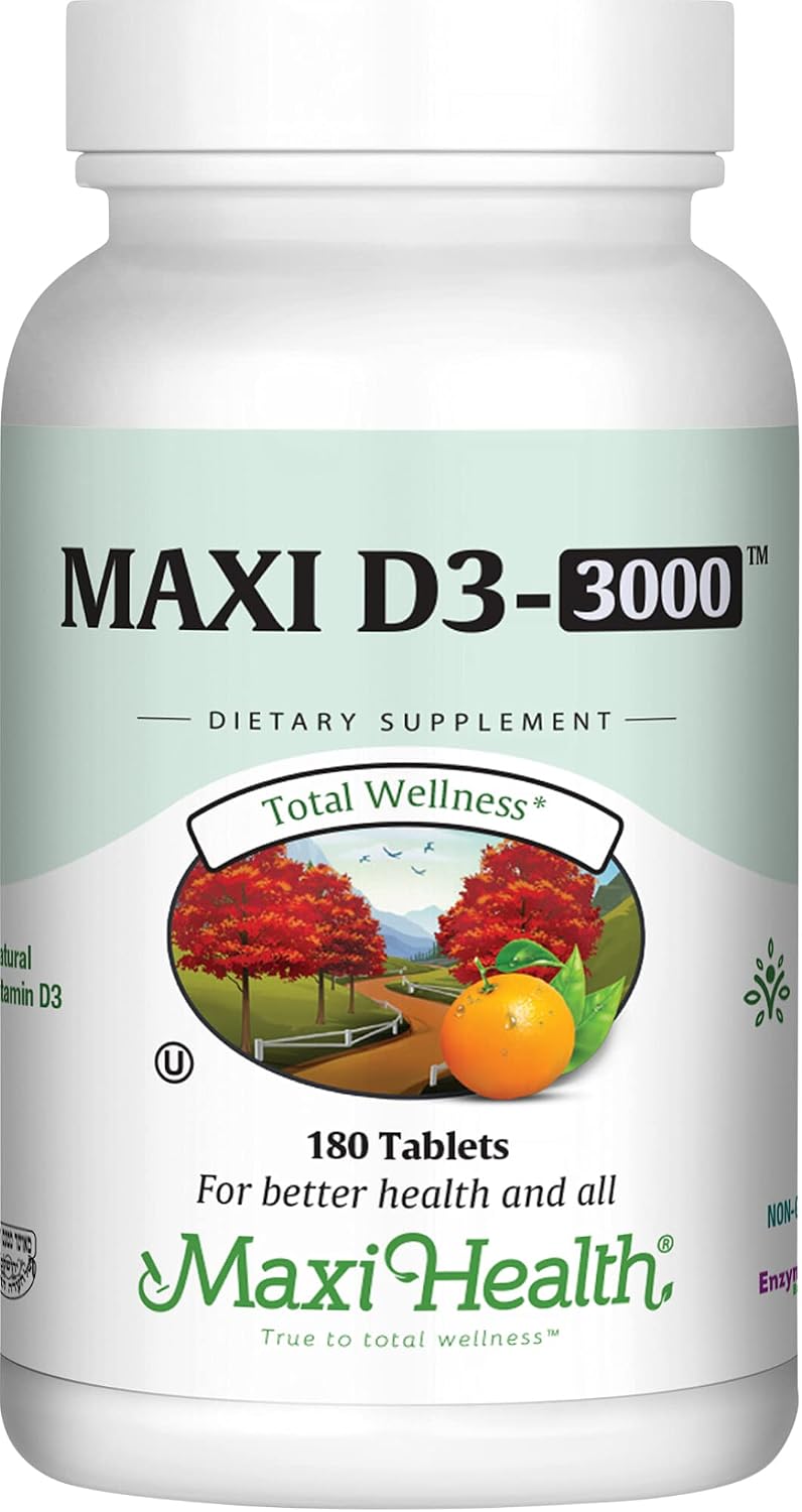 Maxi Health Vitamin D3 3000 IU (75 mcg) Supplement – Non-GMO, Kosher, 180 Tablets