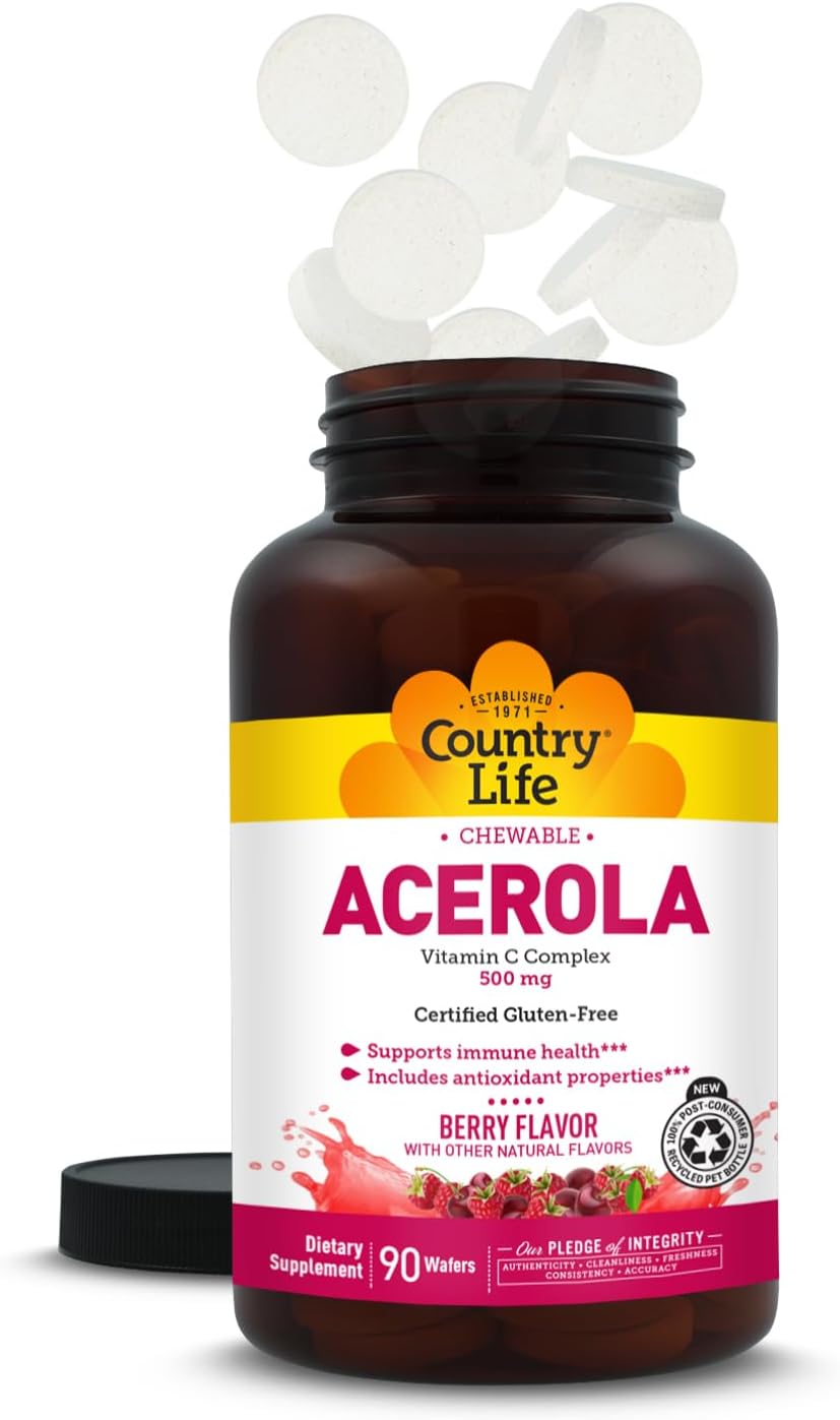 Country Life Acerola Vitamin C Complex 500 mg, Berry Chewable Wafers with Citrus Bioflavonoids & Rose Hips, Immune Health and Antioxidant Support, Gluten-Free, Vegan, 90 Wafers