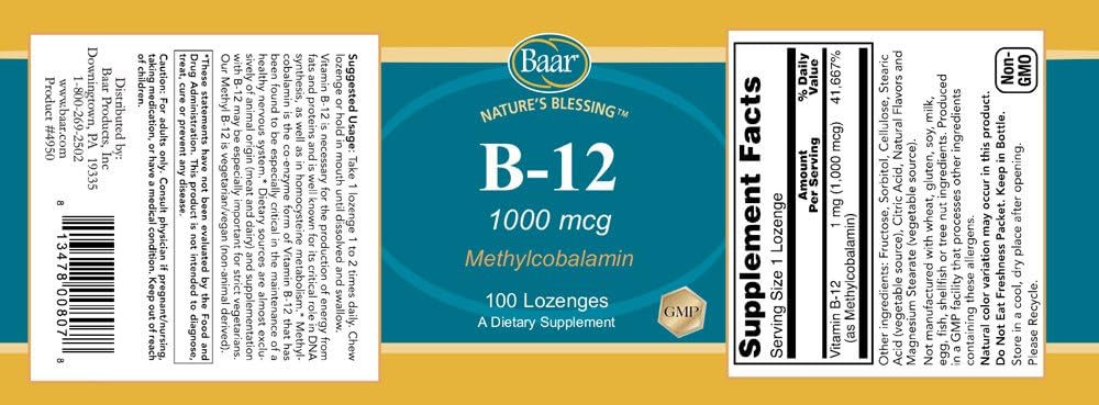 Baar Brain B12 Lozenges, 1000 mcg, 100 Count - görsel 2