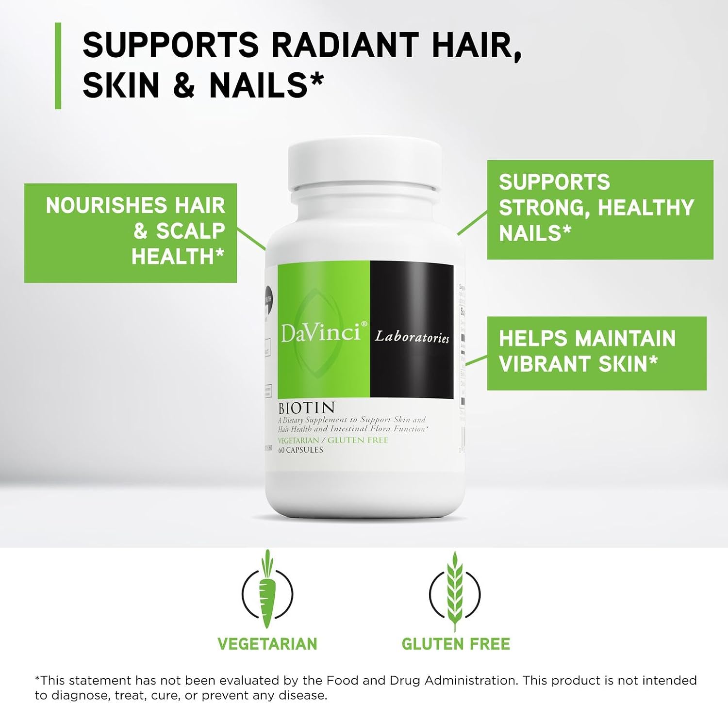 DAVINCI Labs Biotin – Supports Skin & Hair Health, Intestinal Flora Function* – Dietary Supplement with Vitamin C & Calcium as Ca Carbonate – Vegetarian – Gluten-Free – 60 Capsules