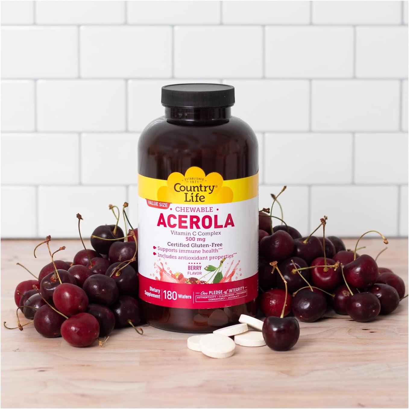 Country Life Acerola Vitamin C Complex - 500mg Chewable Berry Flavoured Wafers - Supports Immune Health - 180 Count