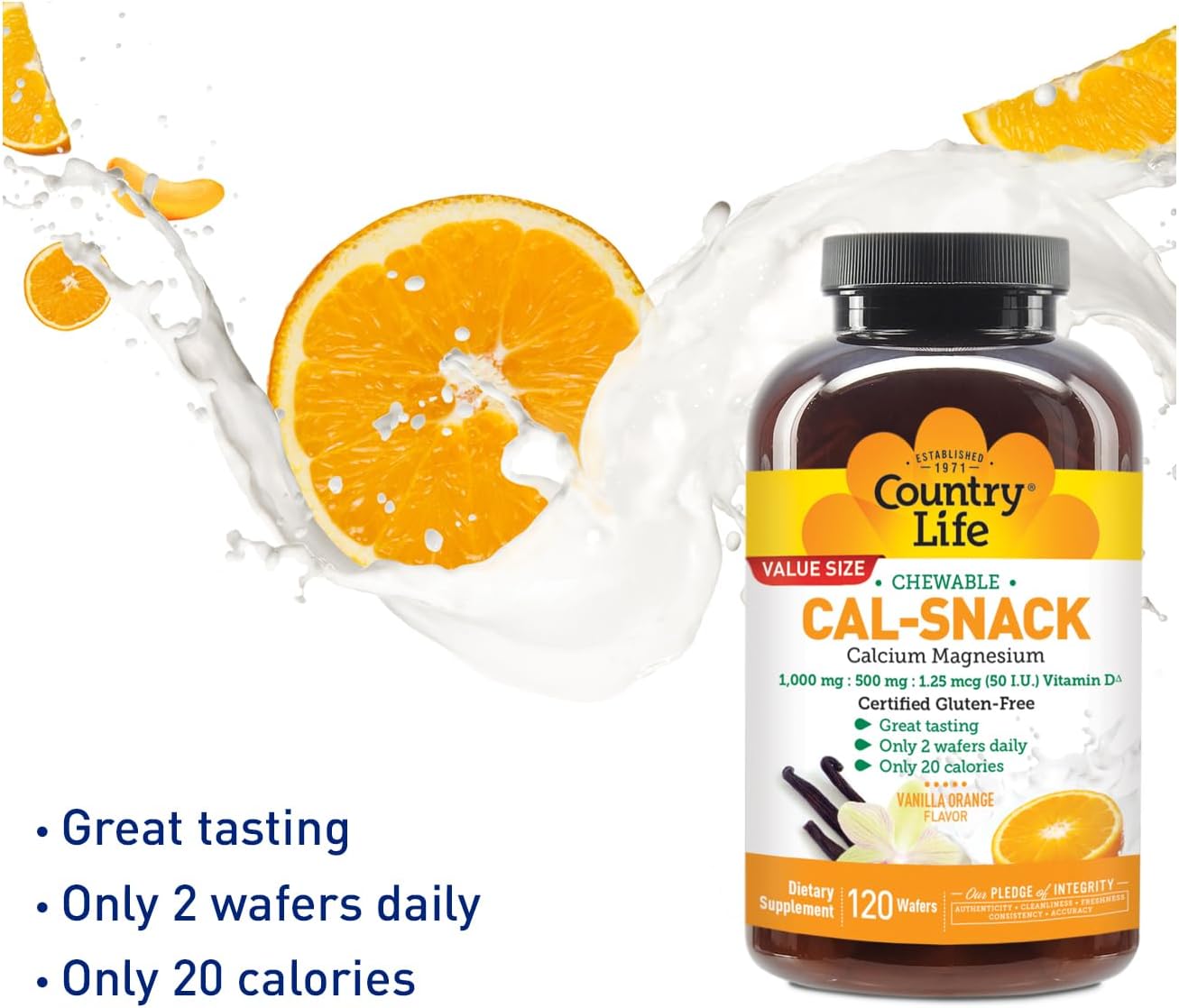 Country Life Cal-Snack Chewable Calcium and Magnesium Wafers with Vitamin D3, Vanilla Orange Flavour