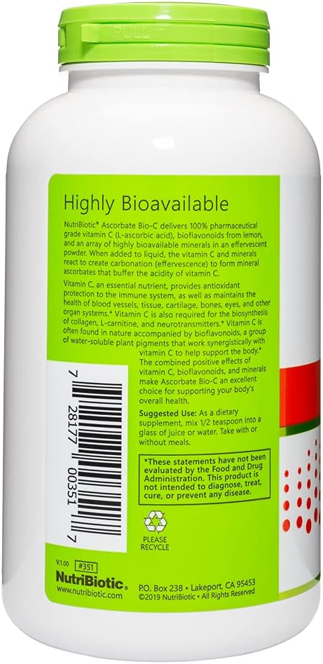 NutriBiotic - Ascorbate Bio-C, 454 g | Effervescent Vitamin C Powder with Lemon Bioflavonoids & Minerals