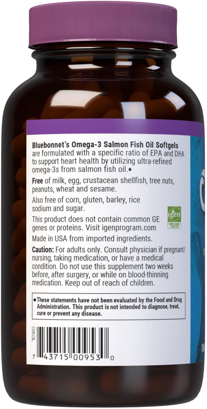 BlueBonnet Omega 3 1000mg Salmon Oil – EPA DHA Essential Fatty Acids – Heart Health Supplement for Men and Women – Molecularly Distilled, Triglyceride Form – 180 Softgels