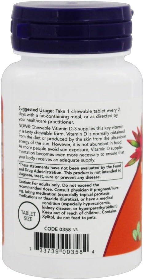 NOW Foods Vitamin D3 5000 IU Chewable, Mint, 120 Chewable Tablets