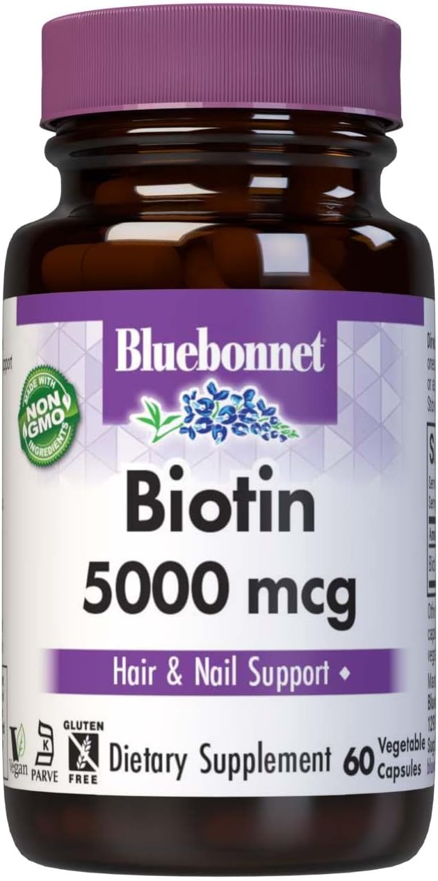 Bluebonnet Nutrition Biotin 5000 mcg for Hair & Nail Support, Non-GMO, Vegan, 60 Vegetable Capsules - görsel 1