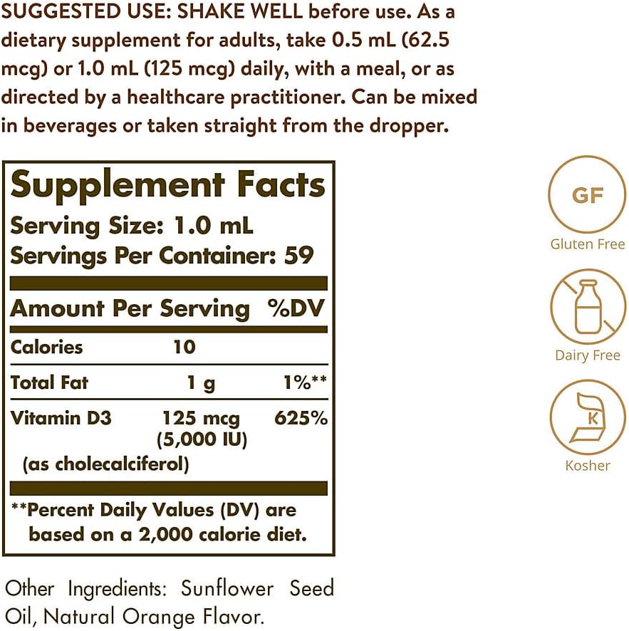 Solgar Liquid Vitamin D3 125 mcg (5,000 IU), 59 mL – Natural Orange Flavour