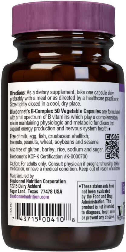 Bluebonnet Nutrition B Complex 50 Vegetable Capsules, Complete Full Spectrum B Vitamins