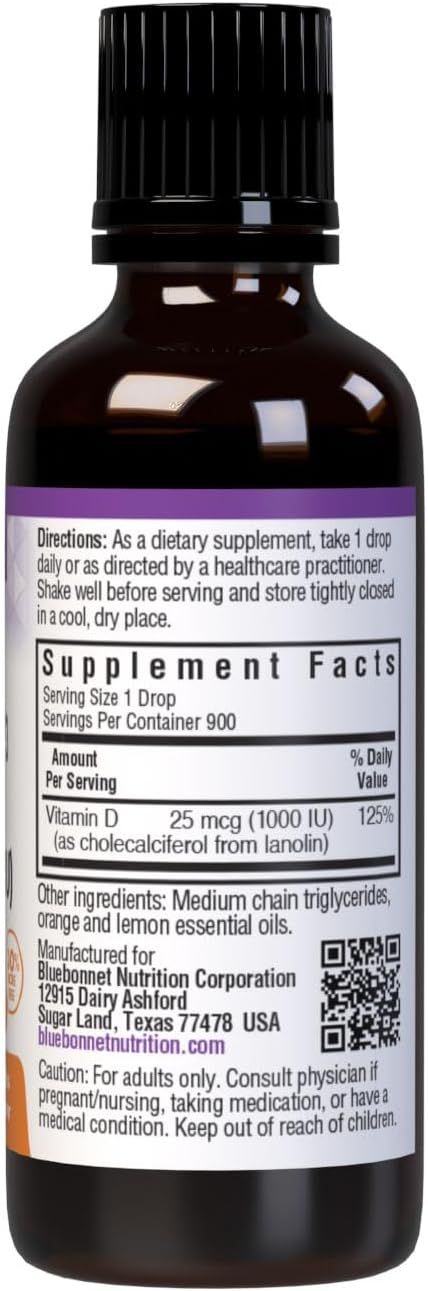 BlueBonnet Vitamin D3 1000 IU (25 mcg) Liquid Drops – Strong Bones & Immune Support – Non-GMO, Vegetarian, Citrus Flavour – 30 mL