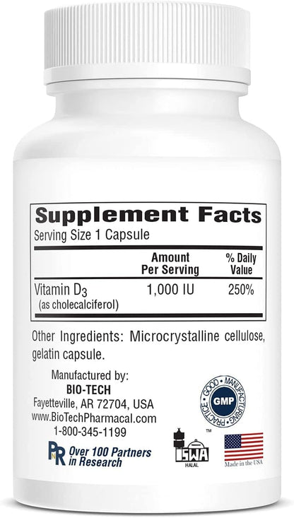 Bio-Tech Pharmacal D3 (1,000 IU), 250 Capsules – All-Natural Supplement