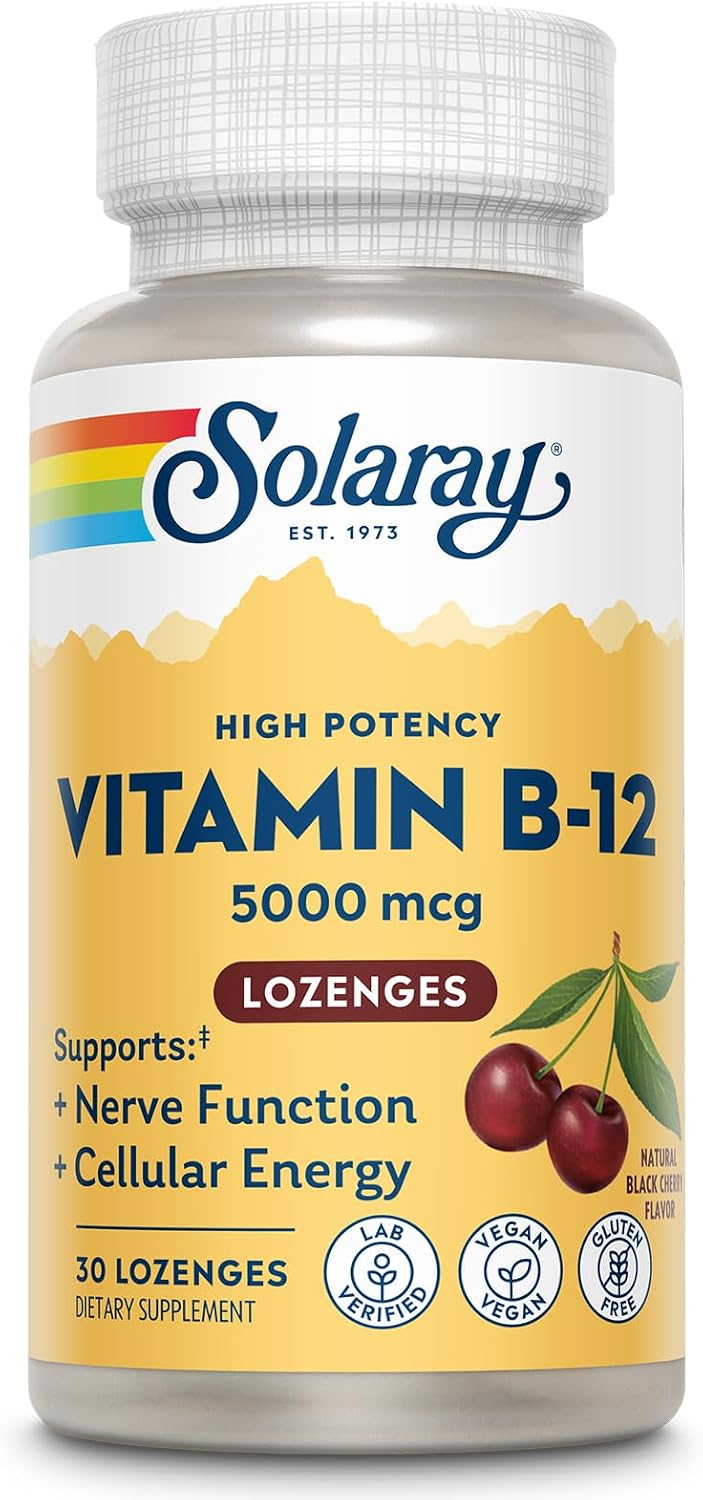 Solaray Vitamin B12 5000mcg Lozenges - Methylcobalamin for Energy & Nerve Health, Natural Cherry, 30 Count