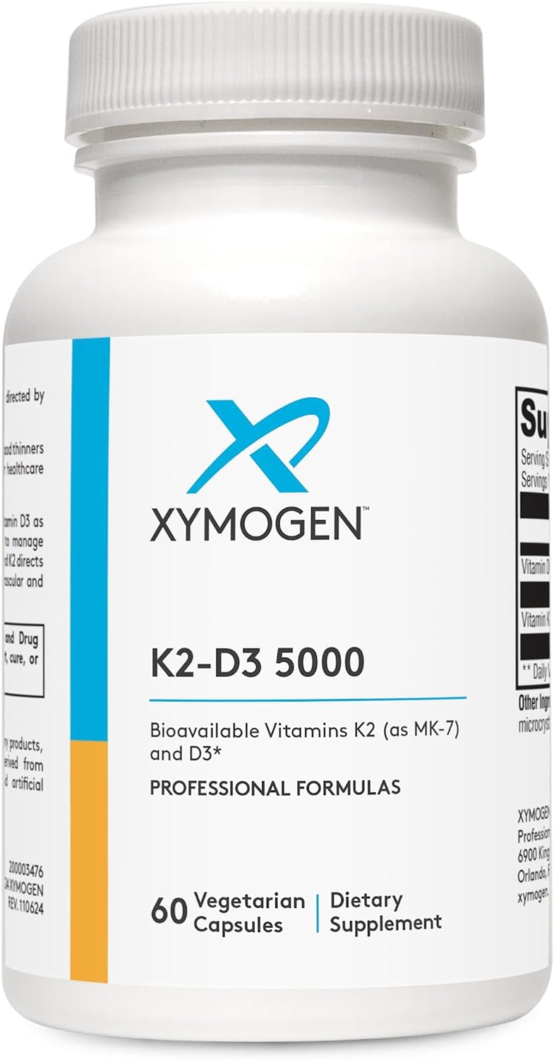 XYMOGEN K2-D3 5000 - Vitamin D3 and K2 Supplement for Immune, Bone and Cardiovascular Support - 120 Capsules