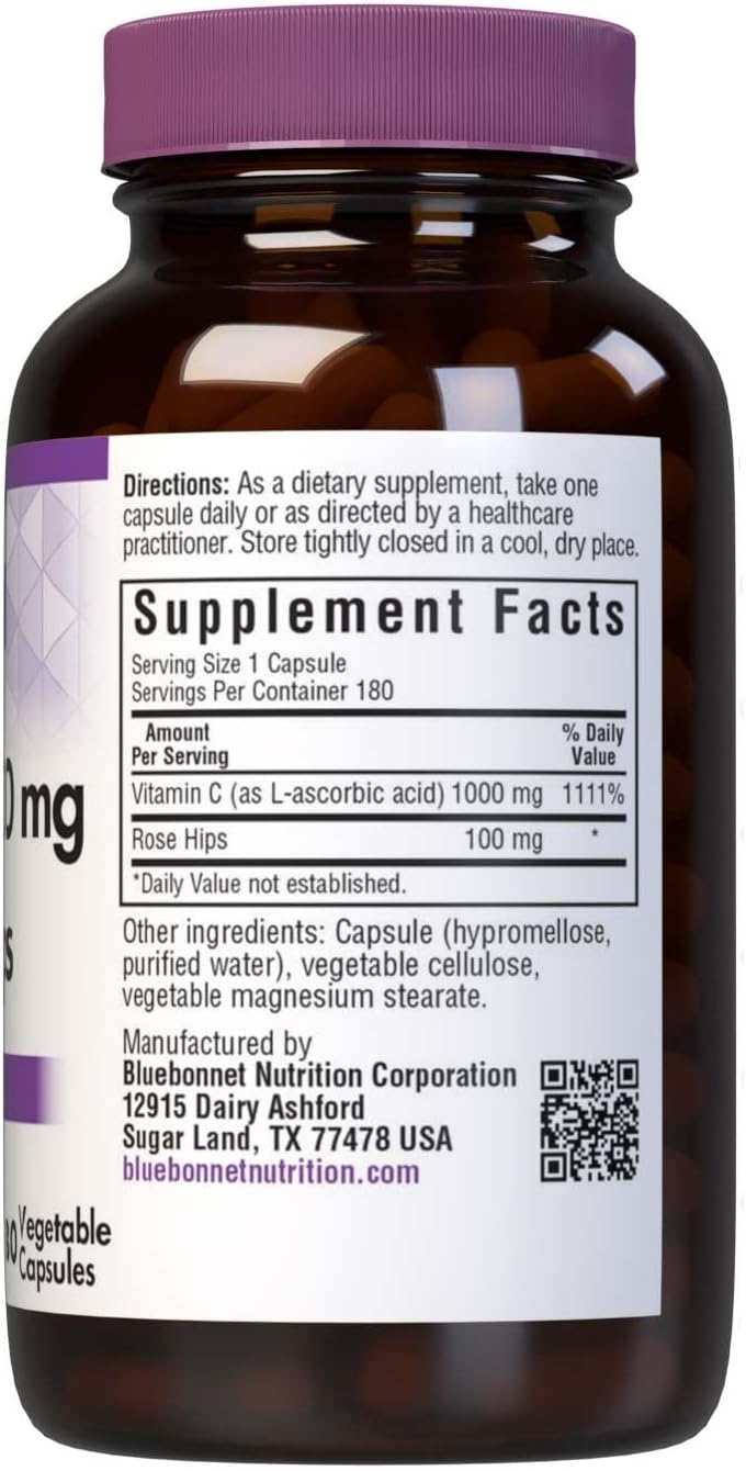 BlueBonnet Vitamin C 1000mg with Rose Hips – L-Ascorbic Acid, Vegan, Non-GMO – 180 Vegetable Capsules