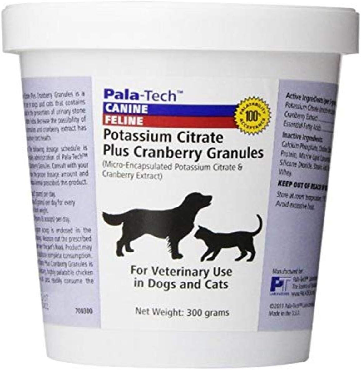 Pala-Tech Potassium Citrate Plus Cranberry Granules 300 g - for Cats & Dogs Urinary Support - Bladder Stone Prevention (Made in USA)
