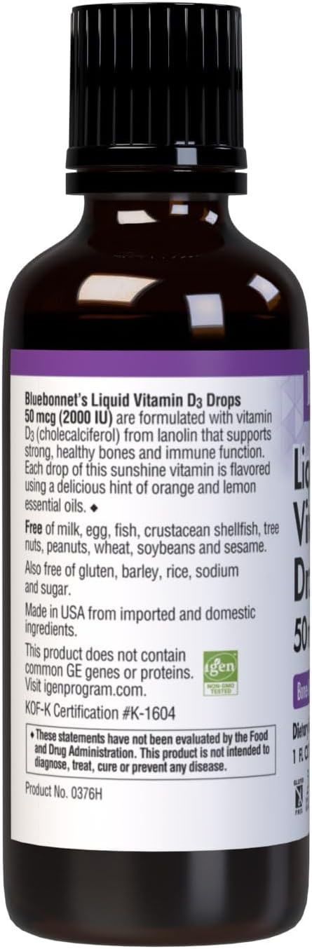 Bluebonnet Vitamin D3 2000 IU Liquid Drops – Citrus Flavour – 30 mL (900 Servings)