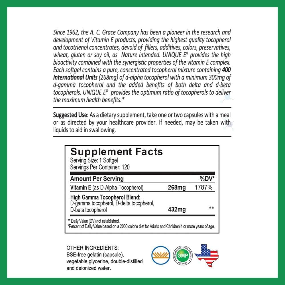 UNIQUE E Mixed Tocopherols – 120 Soft Gels, Natural Vitamin E for Brain Health & Aging Support