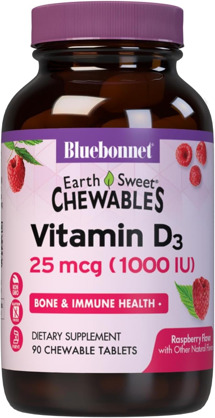 Bluebonnet Nutrition EarthSweet Vitamin D3 1000IU Chewable Tablets - Raspberry - 90 Chewable Tablets