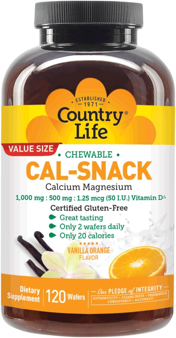 Country Life Cal-Snack Chewable Calcium and Magnesium Wafers with Vitamin D3, Vanilla Orange Flavour