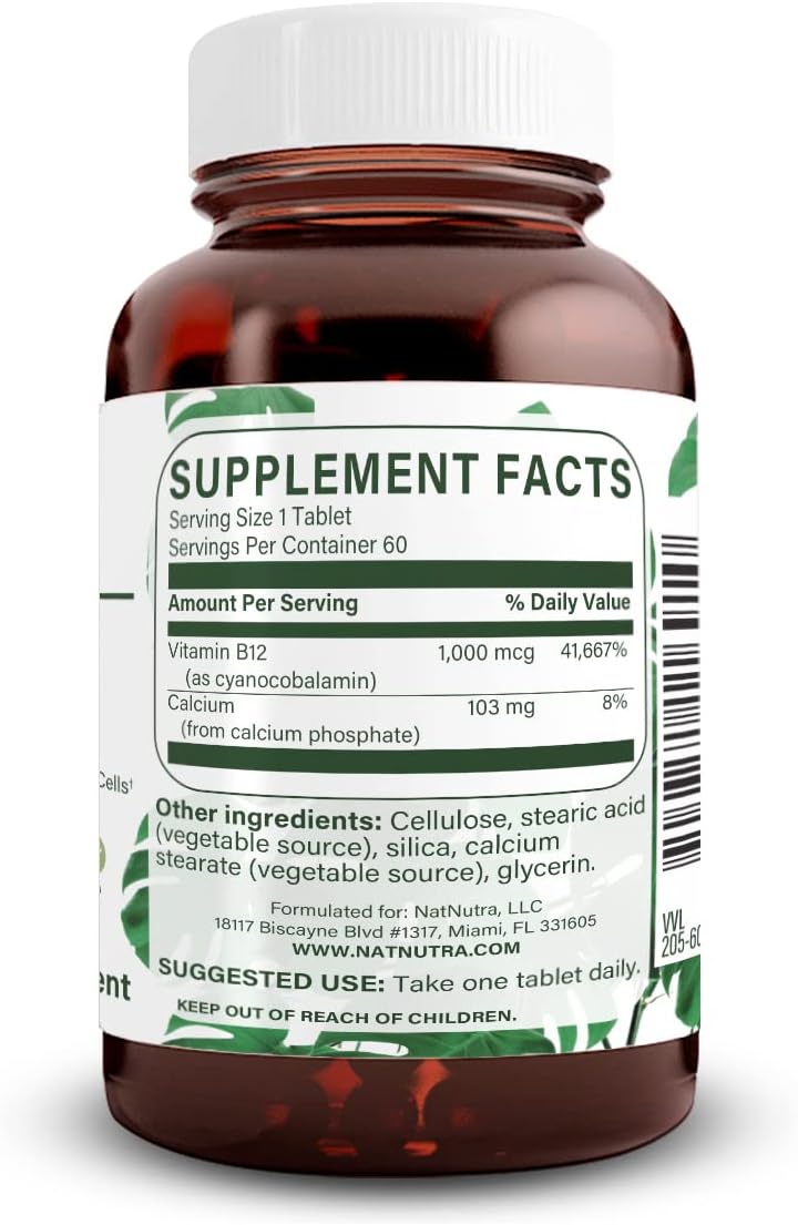 Natural Nutra Vitamin B12 1000 mcg, Cobalamin B12 Supplement, Calcium Phosphate, Supports Metabolism Health, Nervous System Support, Optimal Absorption, Gluten-Free, Sugar-Free, 60 Vegan Tablets