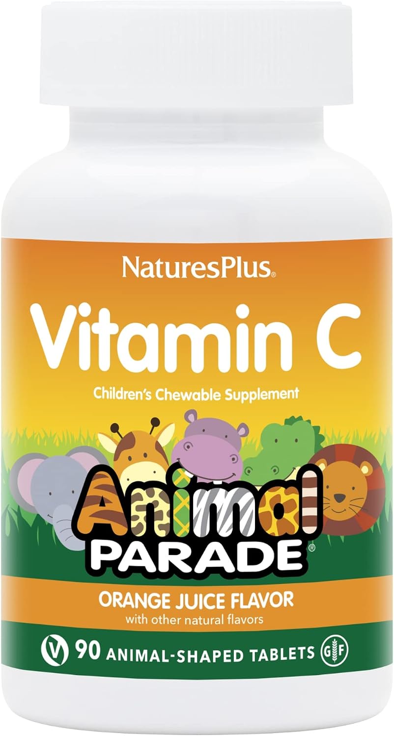 NaturesPlus Animal Parade Vitamin C Children's Chewable – Natural Orange Juice Flavour – 90 Animal-Shaped Tablets