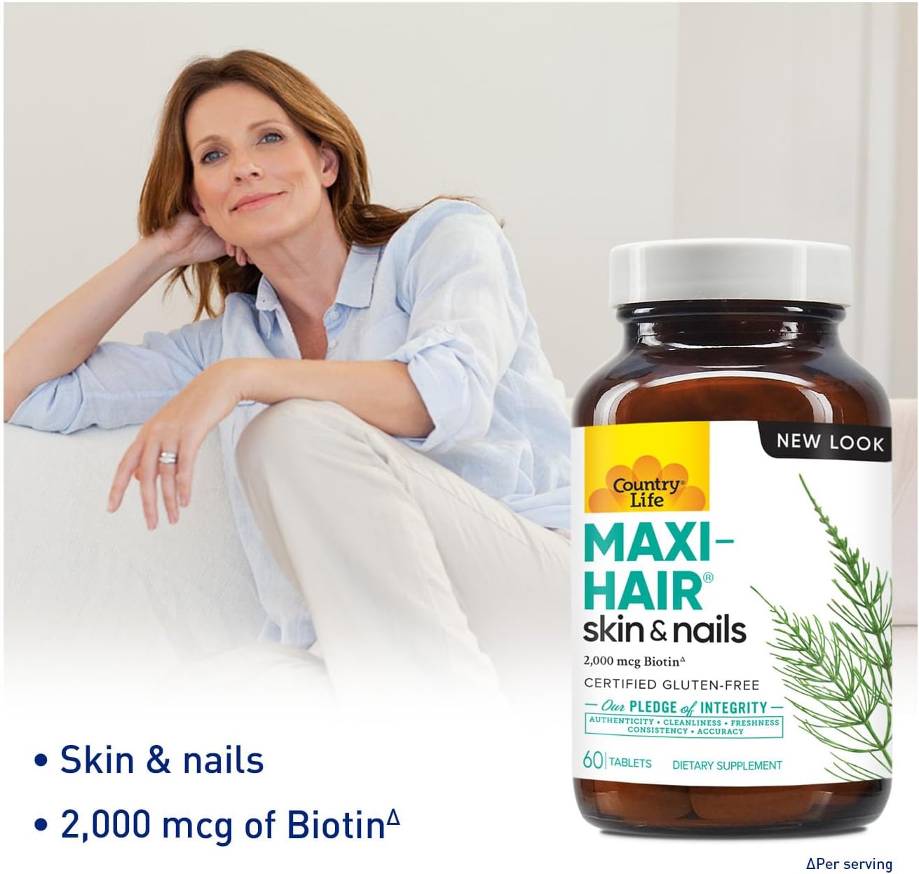 Country Life Maxi-Hair Supplement - 2000mcg Biotin for Hair, Skin and Nails - Certified Gluten-Free & Vegetarian - 60 Tablets