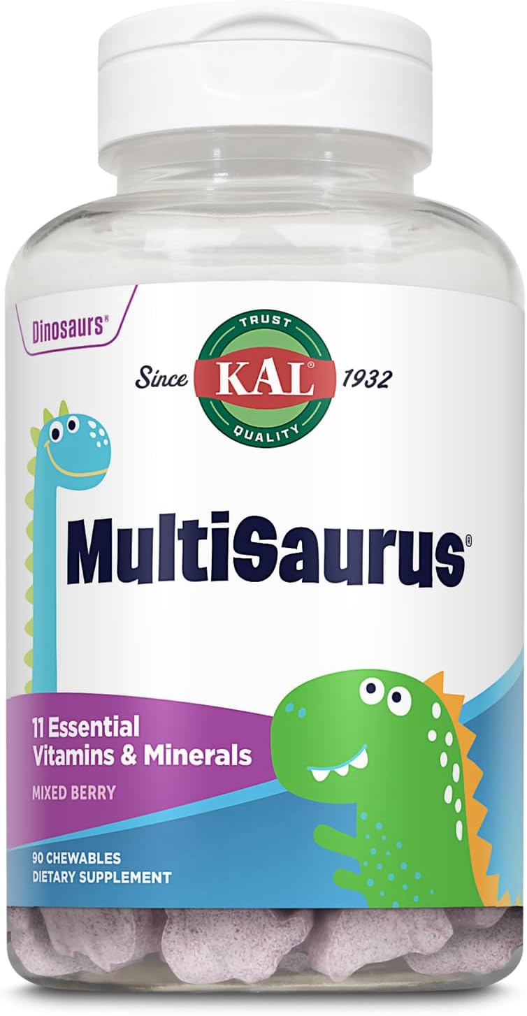 KAL MultiSaurus Kids Chewable Multivitamins – 11 Essential Vitamins & Minerals, Dinosaur-Shaped, Mixed Berry Flavour, 60 Chewables