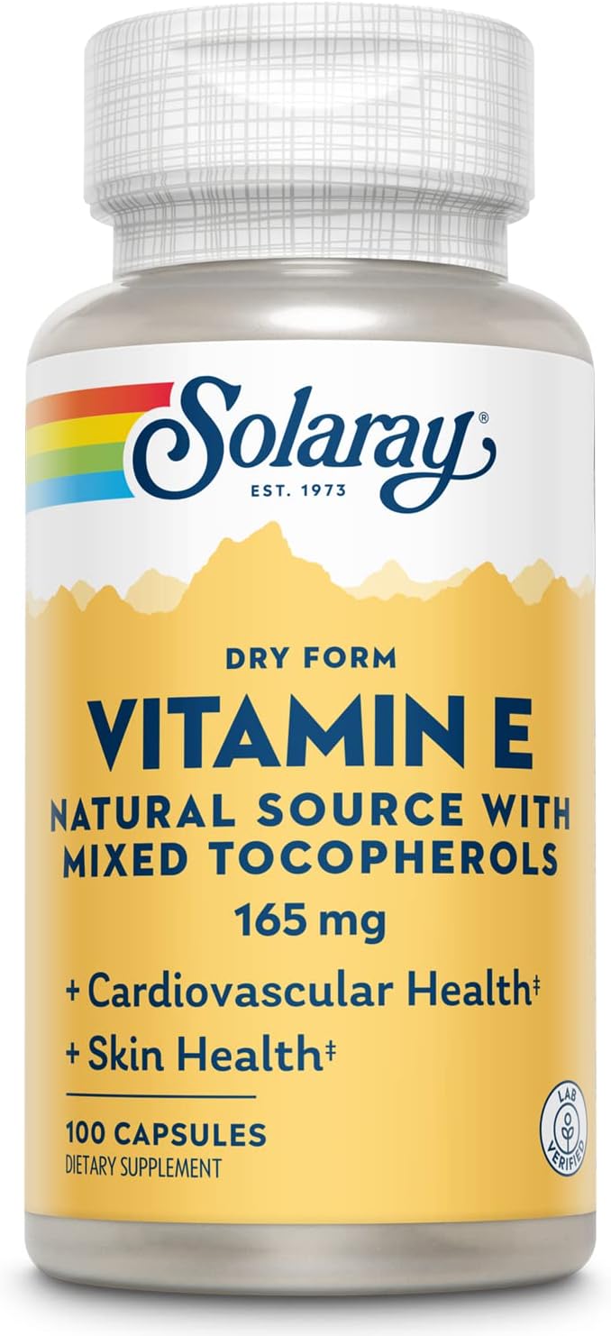 SOLARAY Vitamin E Dry 200 IU with Mixed Tocopherols - Helps Maintain Heart Health & Skin Health - 100 Capsules