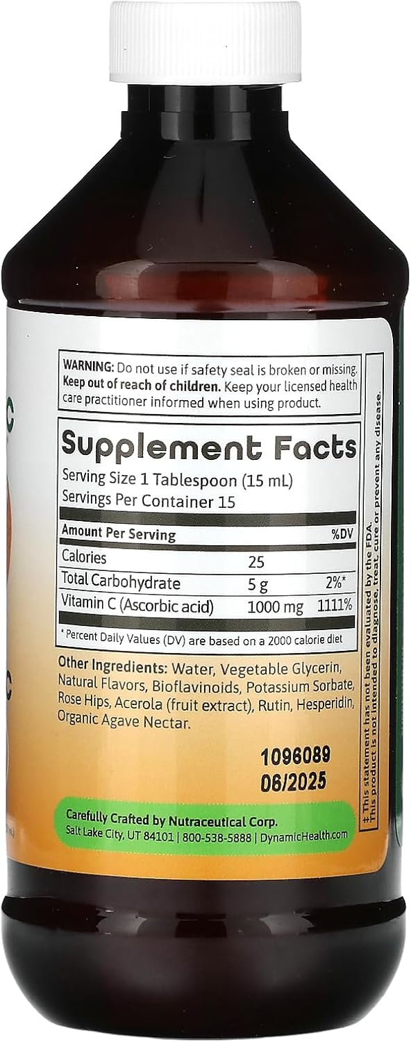 Dynamic Health Liquid Vitamin C, 8 oz (236 ml) - 1000mg per Serving with Rose Hips & Bioflavonoids