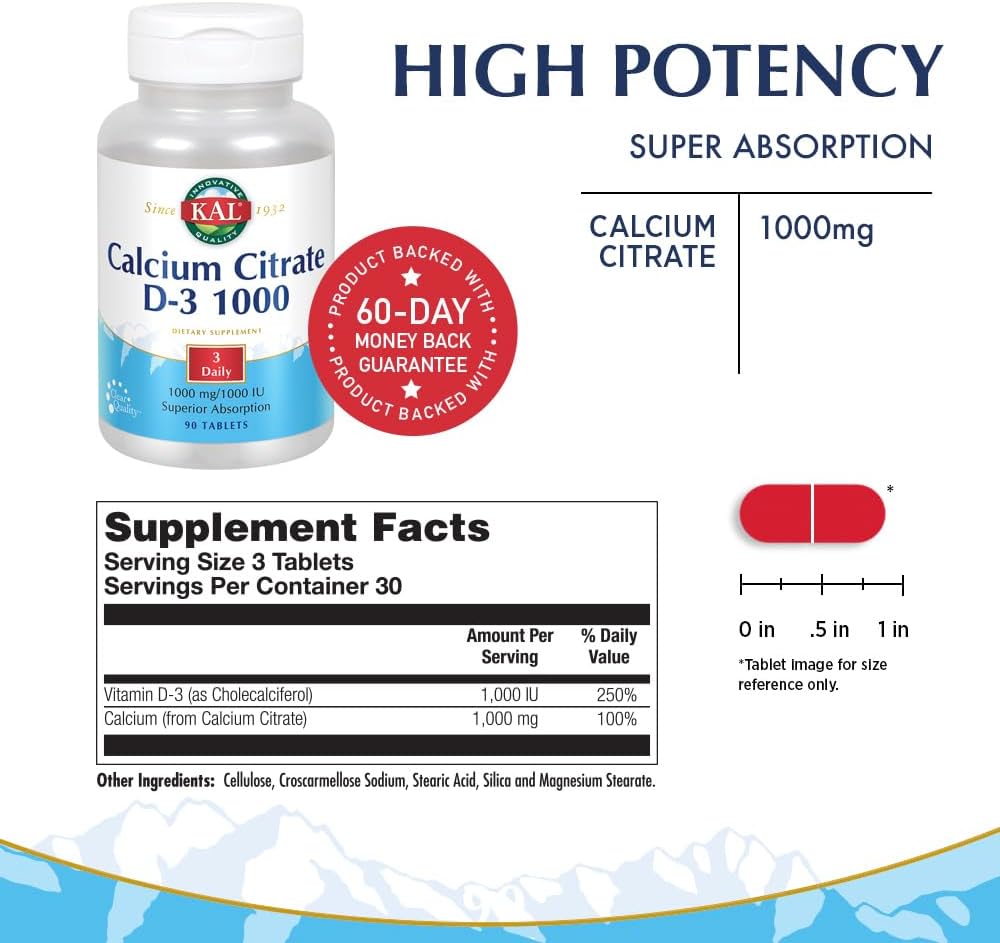 KAL Calcium Citrate with D 1000 IU Tablets - 1000 mg, 90 Tablets