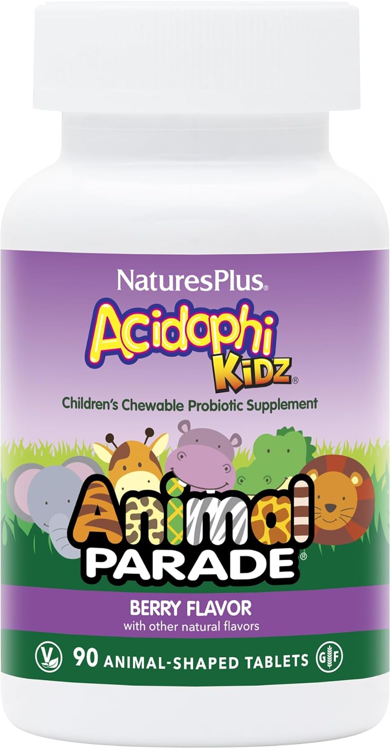 NaturesPlus Animal Parade AcidophiKidz - Berry Flavour - 90 Chewable Tablets - Children's Probiotic with FOS & Grape Seed