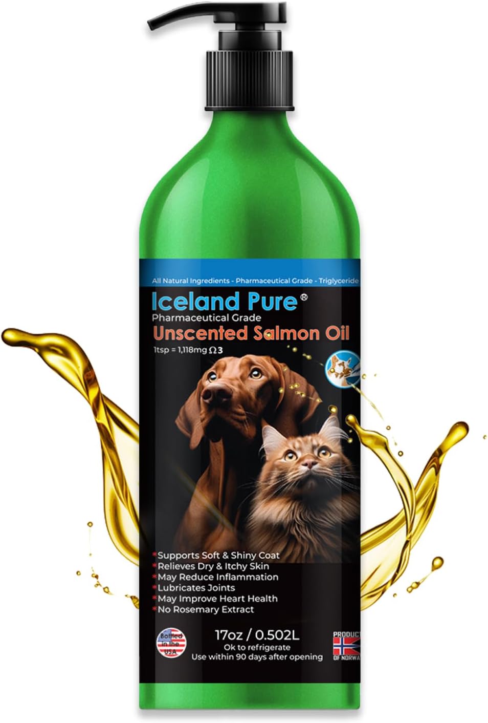 Iceland Pure Salmon Oil – Unscented Pharmaceutical Grade Liquid Supplement for Dogs and Cats, 17 oz