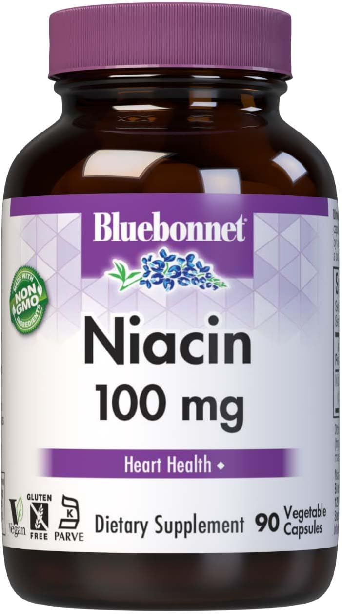 Bluebonnet Niacin 100 mg Vitamin B3 Nicotinic Acid – Heart Health Support – Non-GMO, Vegan, Kosher, Gluten-Free Flush Niacin Supplement – 90 Vegetable Capsules - görsel 1