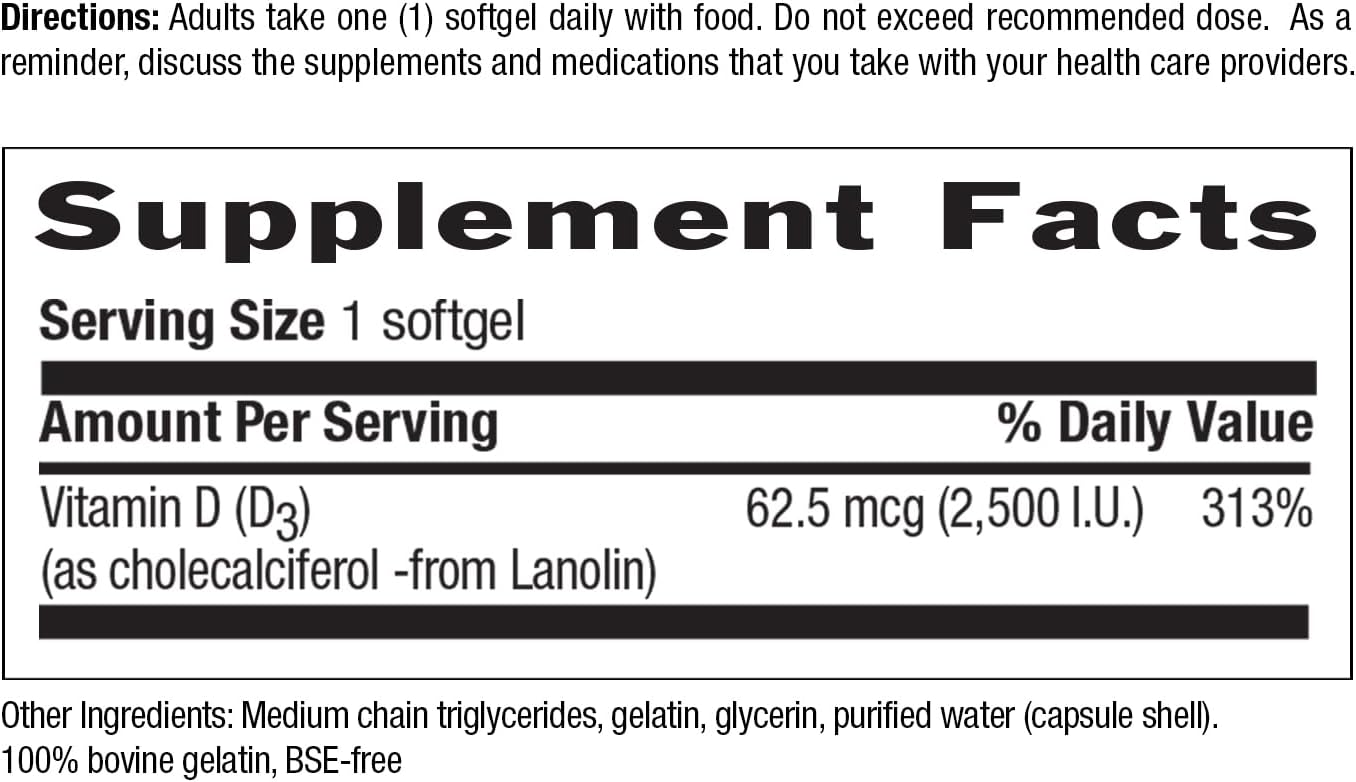 Country Life Vitamin D3 2500 IU – Gluten-Free, 60 Softgels