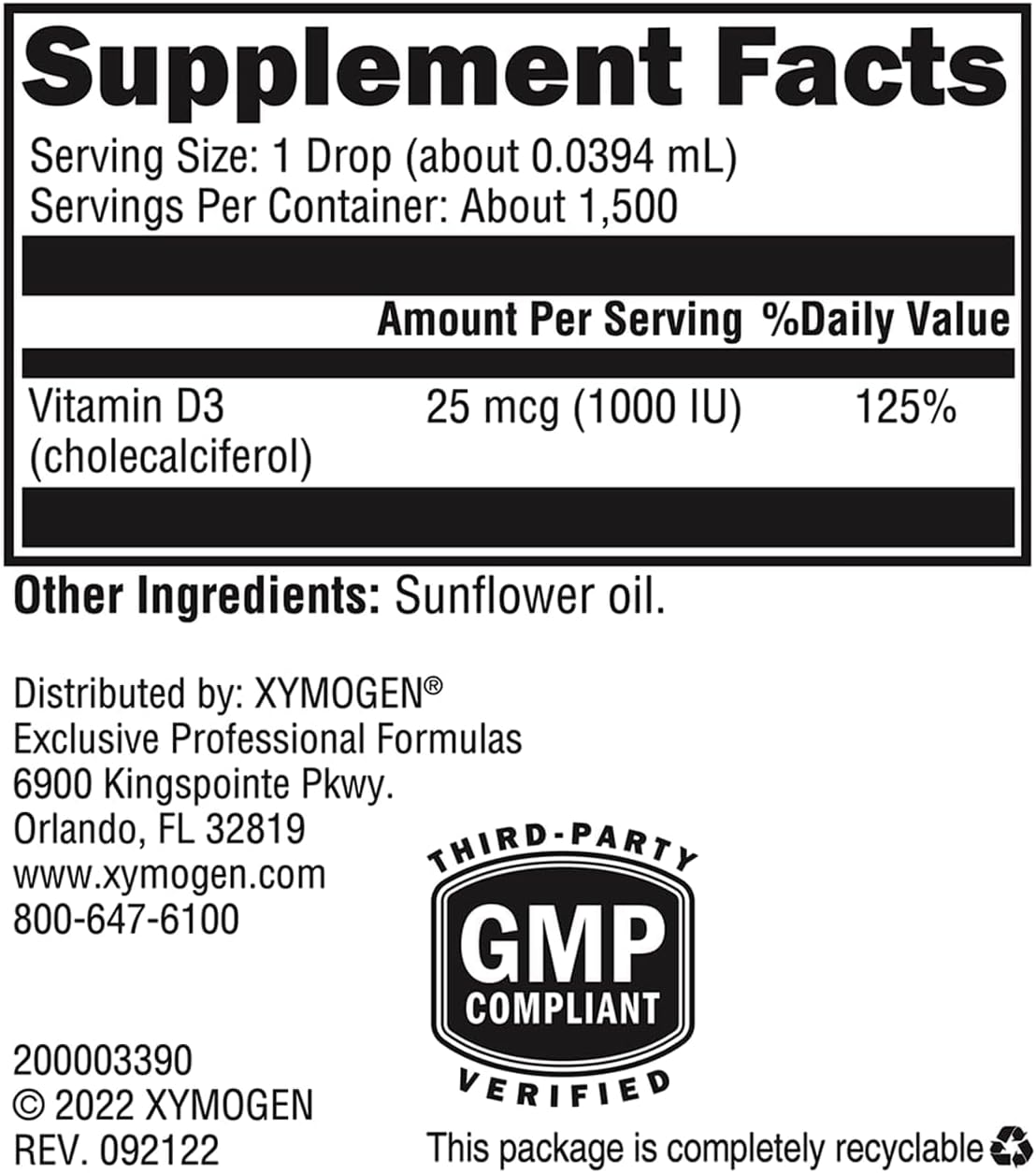 XYMOGEN D3 Liquid Vitamin D3 Drops - 1000 IU per Drop - 68 mL
