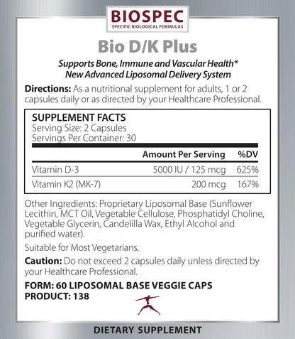 Bio D/K Plus - Vitamin D3 with K2 (MK-7) - 5000 IU D3 & 200 mcg K2 - Liposomal Base - 60 Capsules