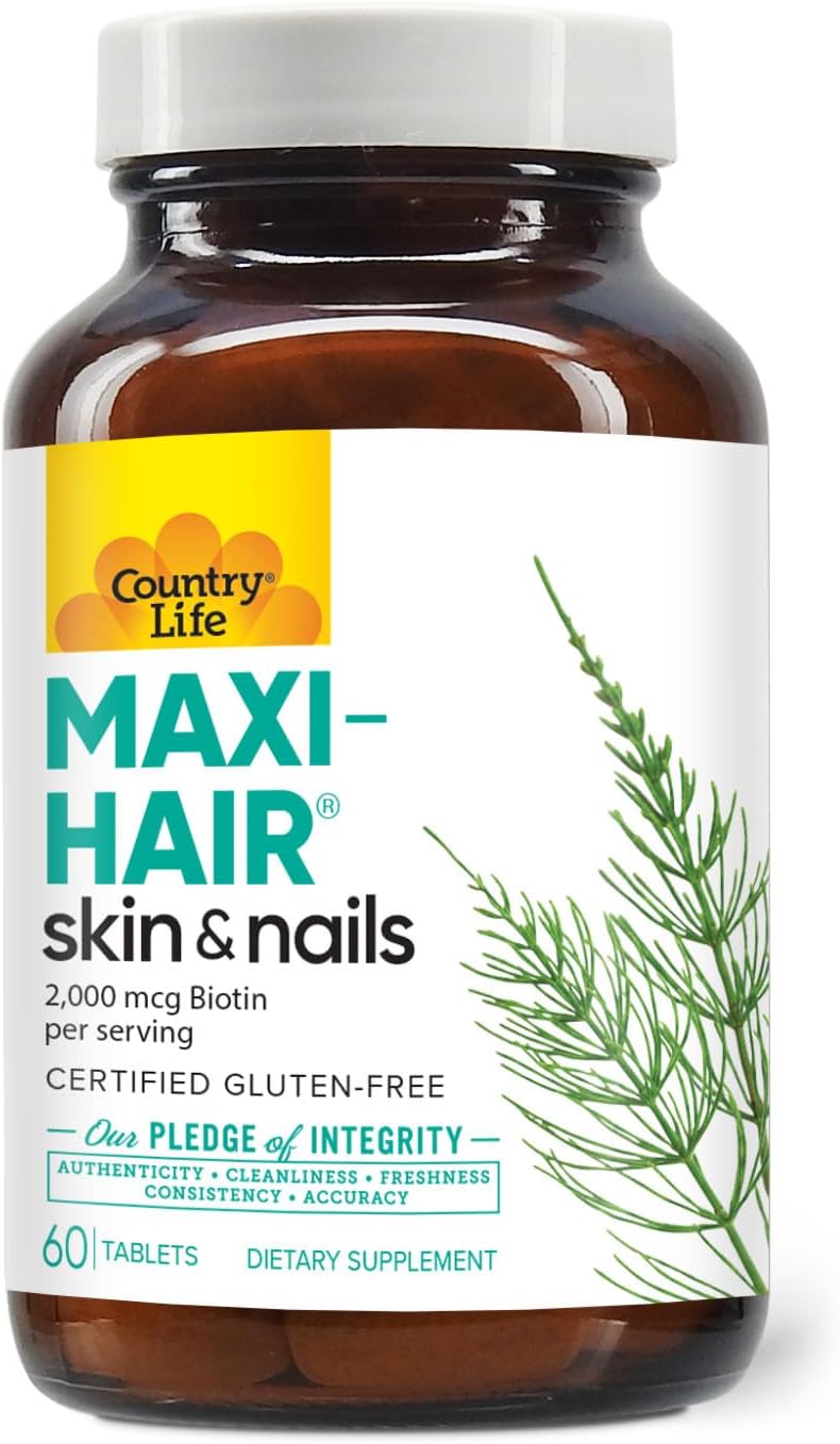 Country Life Maxi-Hair Supplement - 2000mcg Biotin for Hair, Skin and Nails - Certified Gluten-Free & Vegetarian - 60 Tablets