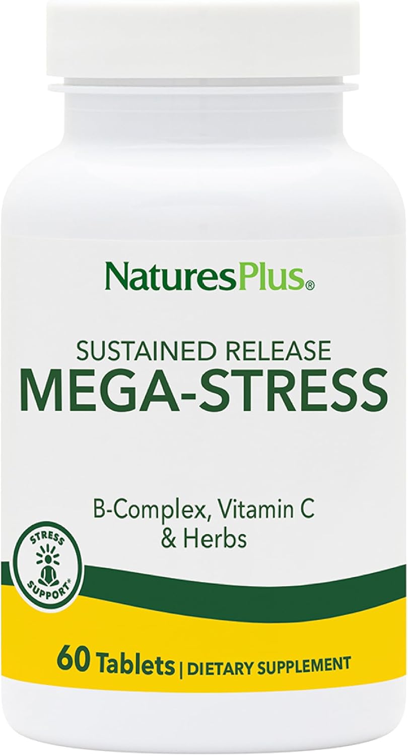 NaturesPlus Mega-Stress Complex – Sustained Release B Complex with Vitamin C, Chamomile & Herbs, 90 Vegetarian Tablets