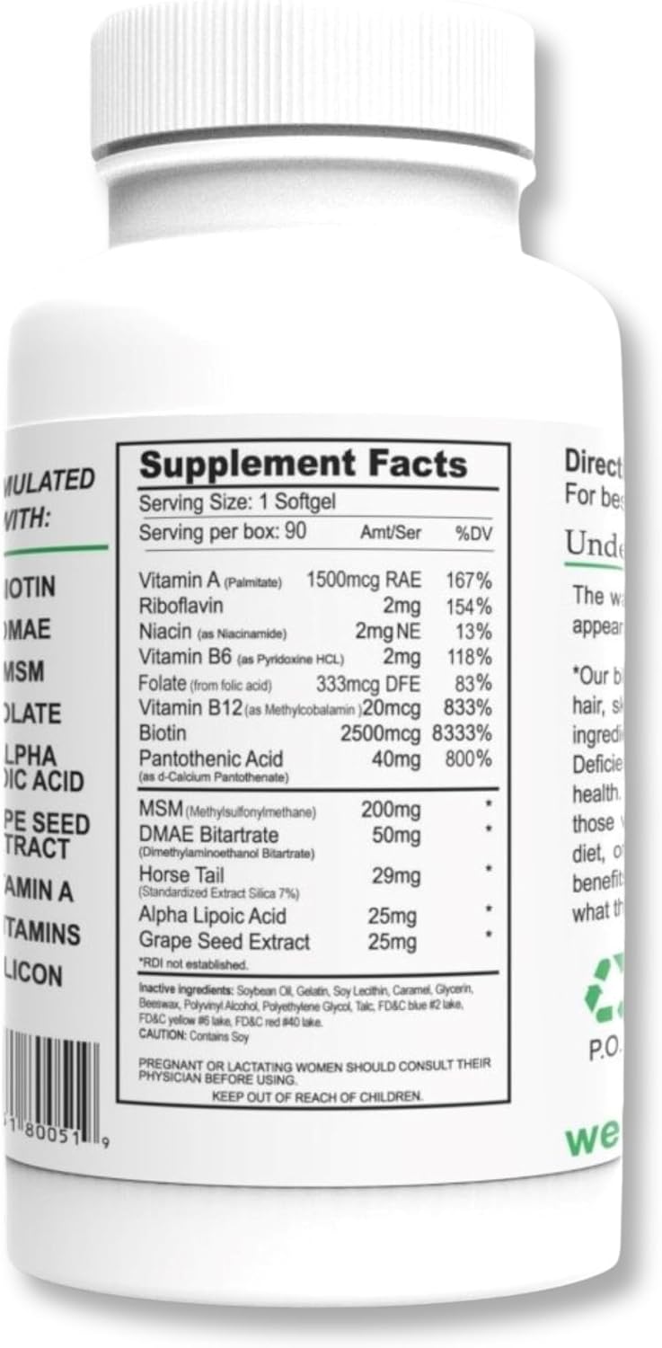 Wellgenix Purvana Hair, Skin and Nails Supplement – 2500mcg Biotin with MSM & B-Complex, 90 Softgels