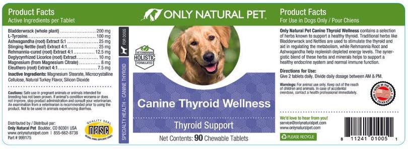 Only Natural Pet Canine Thyroid Wellness Supplement for Dogs – 90 Chewable Tablets