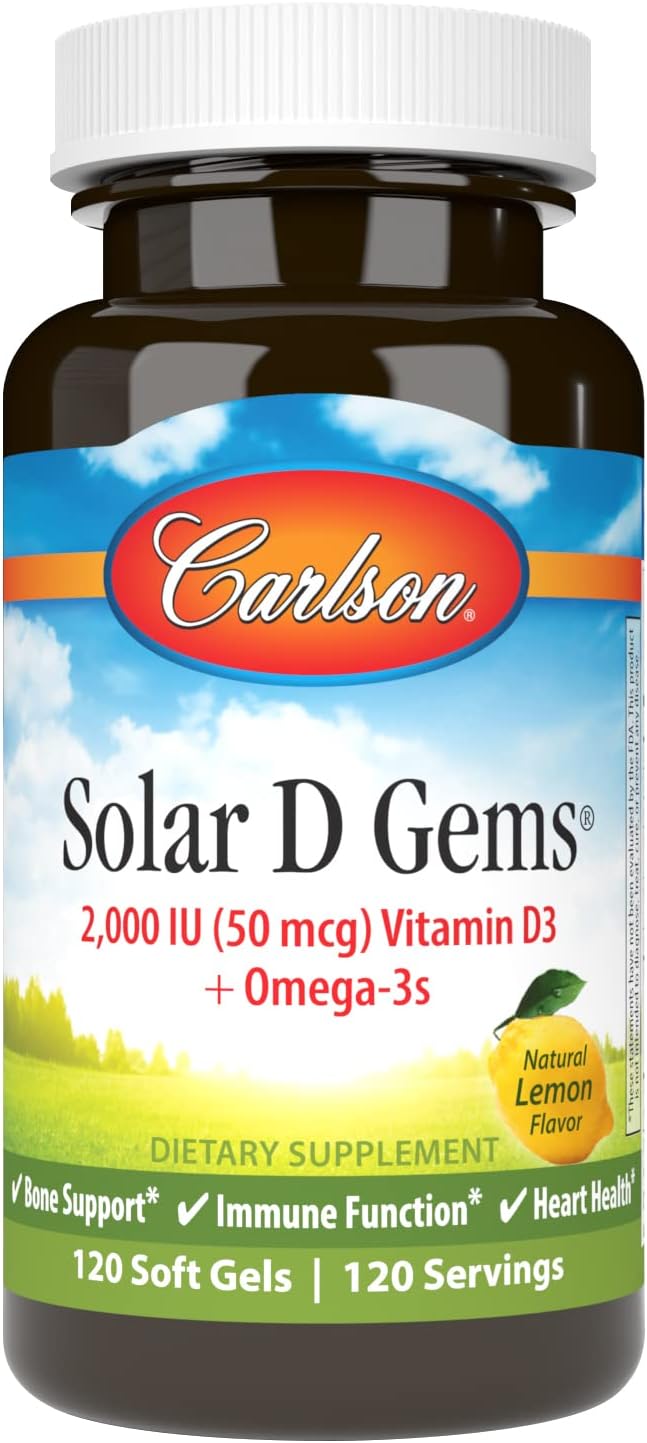 Carlson Solar D Gems - Vitamin D3 and Omega-3 Supplement, 2000 IU D3, 115 mg Omega-3s, Lemon Flavour, 360 Softgels