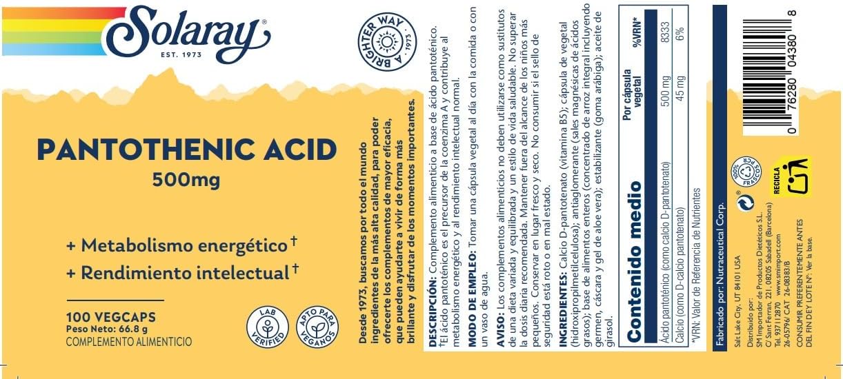 Solaray Pantothenic Acid 500 mg - 100 Capsules
