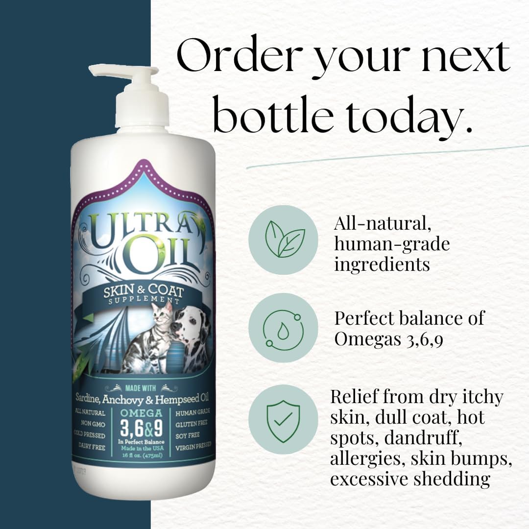 Ultra Oil Skin and Coat Supplement for Dogs and Cats – Hemp Seed, Flaxseed, Grape Seed & Fish Oils