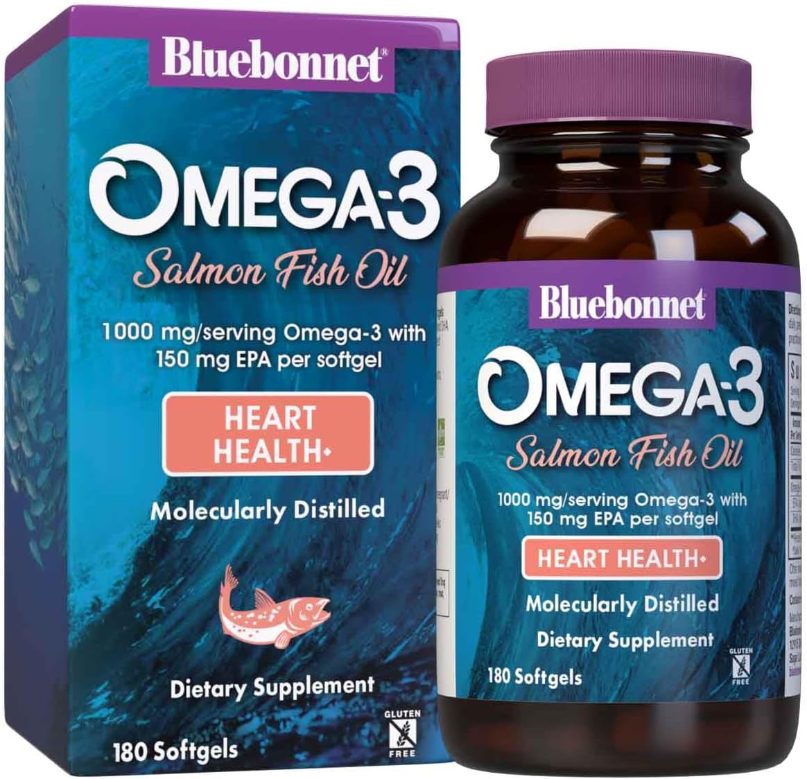 BlueBonnet Omega 3 1000mg Salmon Oil – EPA DHA Essential Fatty Acids – Heart Health Supplement for Men and Women – Molecularly Distilled, Triglyceride Form – 180 Softgels