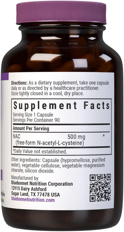 Bluebonnet NAC Supplement N-Acetyl-L-Cysteine 500 mg - Antioxidant Cellular Health and Immune Support - Free-Form Amino Acid - Non-GMO, Kosher, Gluten-Free - 90 Vegetable Capsules