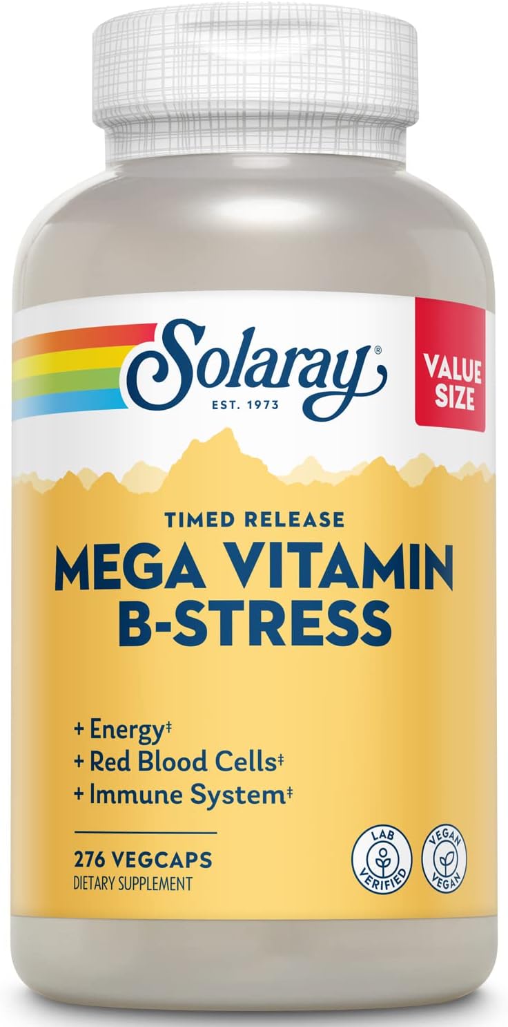 SOLARAY Mega Vitamin B-Stress - Timed-Release Vitamin B Complex with Vitamin B12, B6, Folic Acid, and Vitamin C - Vegan, 240 Count