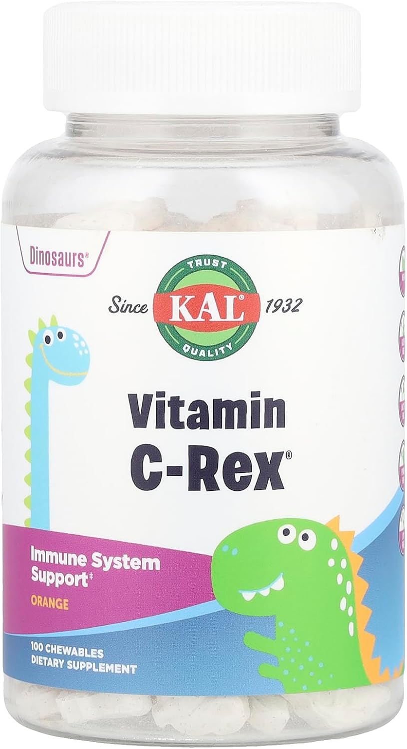 KAL C-Rex Chewable Vitamin C for Kids - Immune Support with Bioflavonoids, Rose Hips & Acerola, Natural Orange, 100 mg, Chewable Tablets