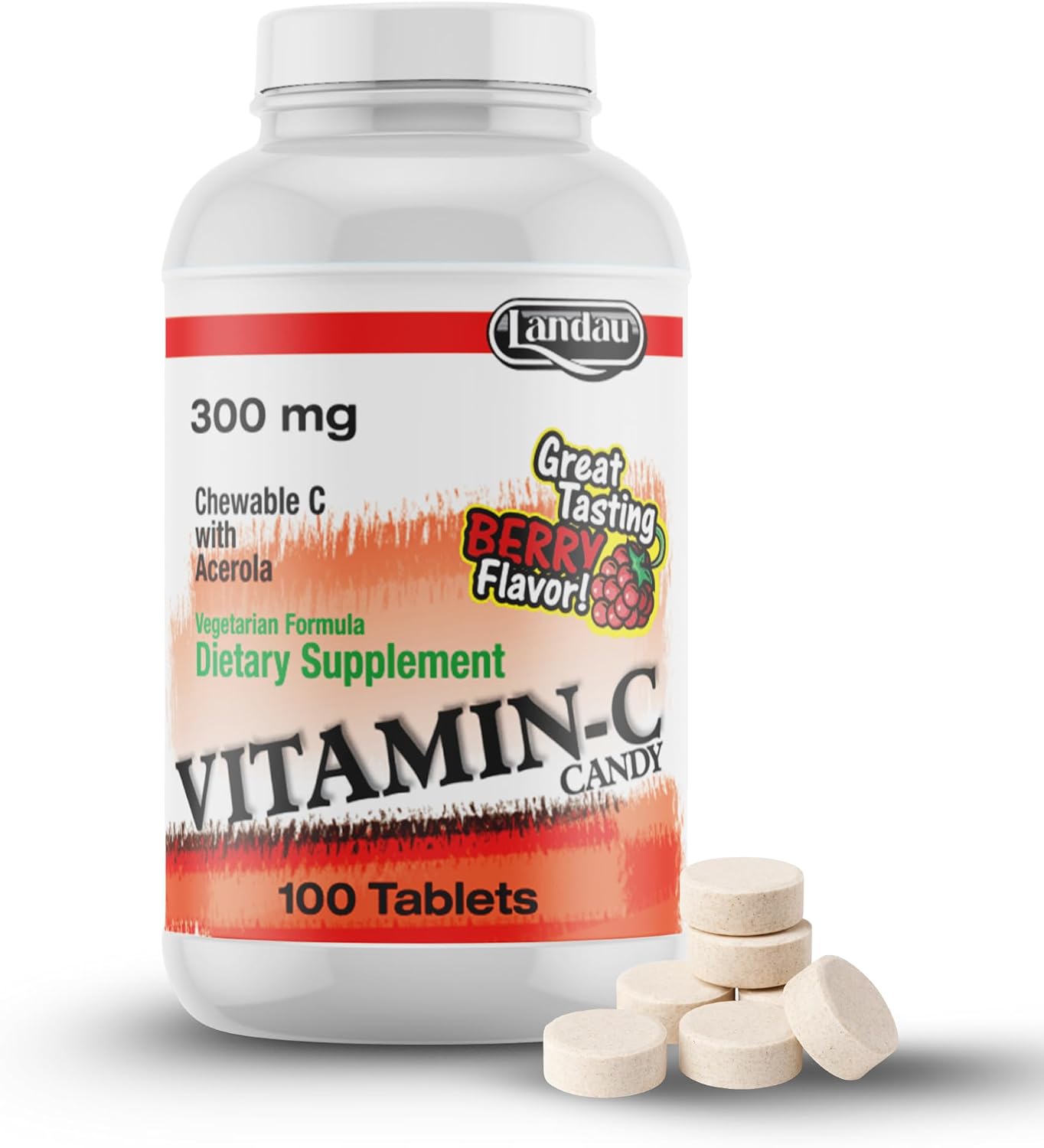 LANDAU Chewable Vitamin C with Acerola - 300 mg, 500 Berry-Flavoured Tablets